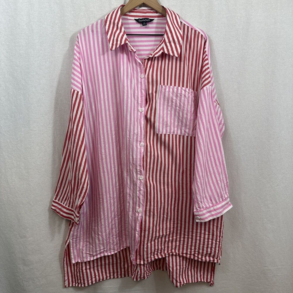 Davi & Dani Red Pink Striped Two Tone Colorbock Button Up Shirt Womens Sz 1XL